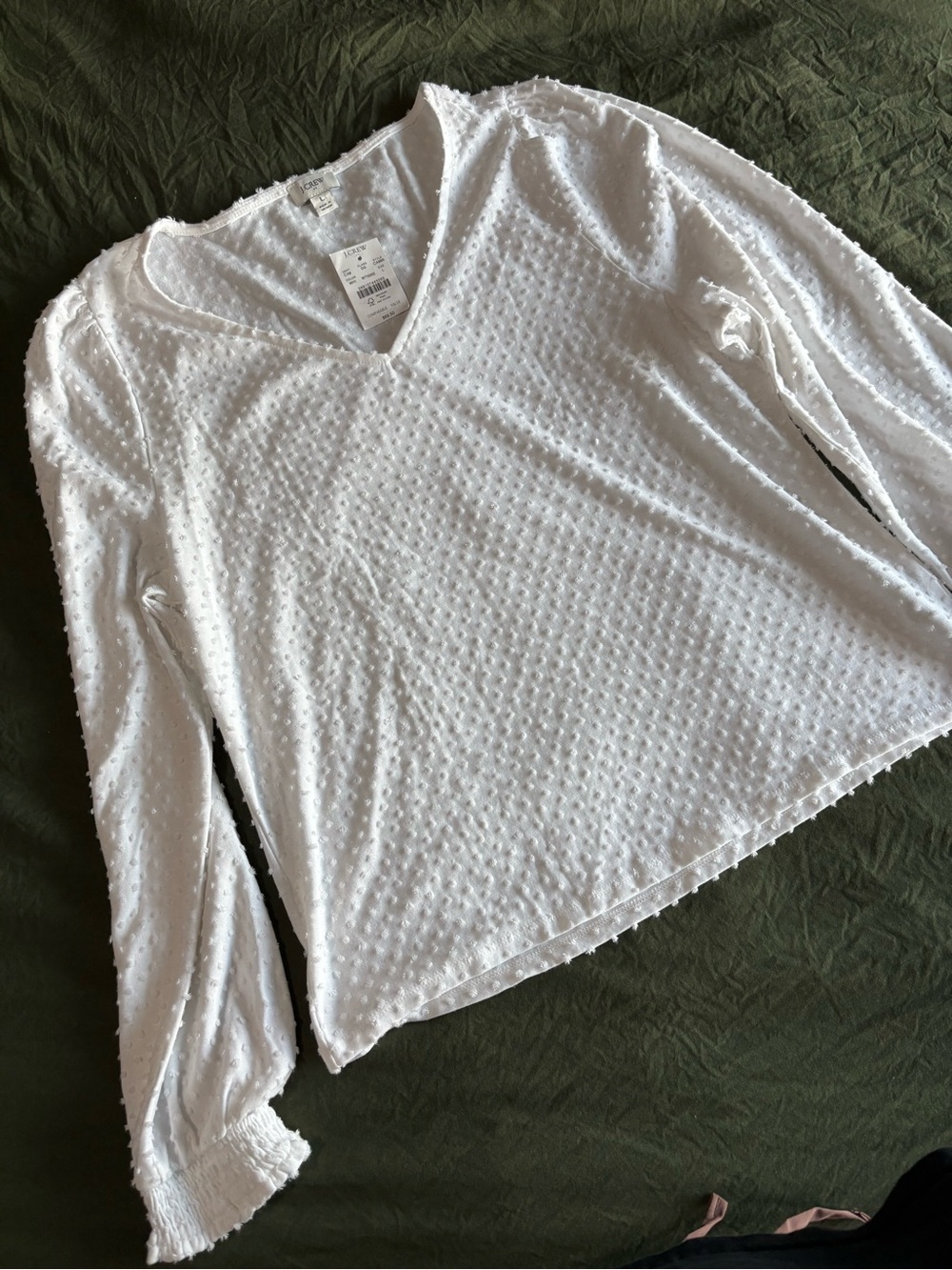 J. Crew White Textured V‑Neck Long Sleeve Top